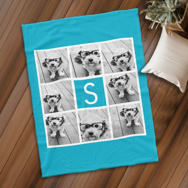 Manta Polar Monograma del Personalizado Aqua Blue 8 Collage de (Personalized fleece blanket with 8 photos and a monogram)
