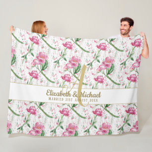 Manta Polar Monograma dorado Peonies rosados Green deja recién