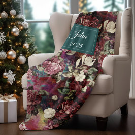 Manta Polar Monograma elegante de estampado rojo con flores ro