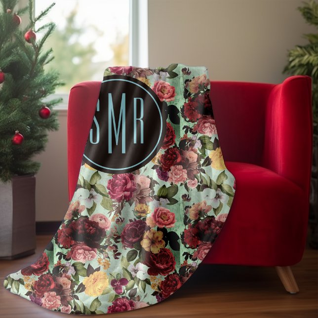 Manta Polar Monograma elegante de patrón acuático de flores ro (Subido por el creador)