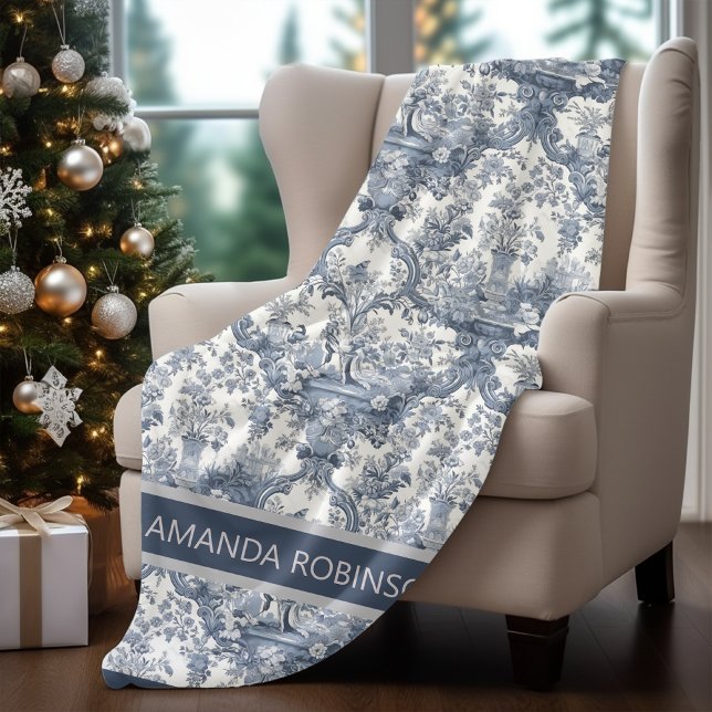 Manta Polar Monograma elegante de tela azul de jouy (Subido por el creador)