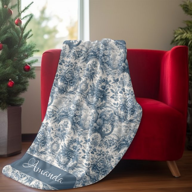 Manta Polar Monograma elegante de tela azul de jouy (Subido por el creador)