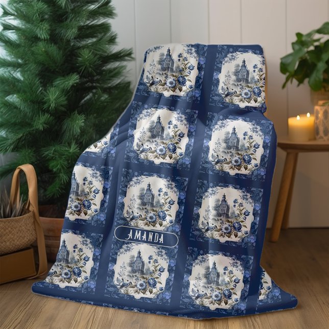 Manta Polar Monograma elegante de tela azul de jouy (Subido por el creador)