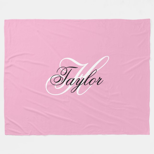 Manta Polar Monograma elegante en blanco y negro rosa (Frente (Horizontal))