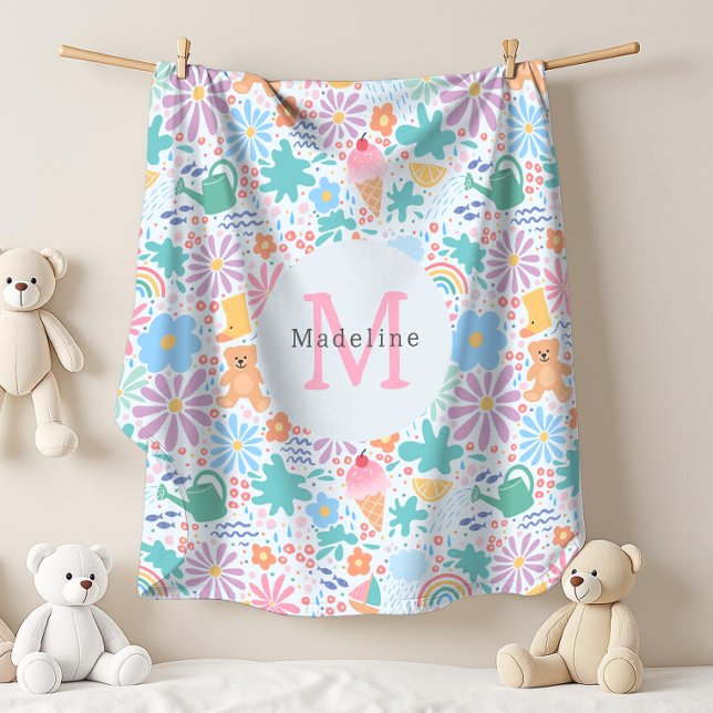 Manta Polar Monograma Floral Arcoíris de Salpicadura de Verano (Subido por el creador)