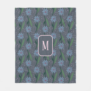 Manta Polar Monograma floral de margarita azul retro dibujado