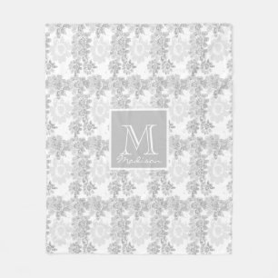 Manta Polar Monograma floral gris y blanco Fantasía Fleece