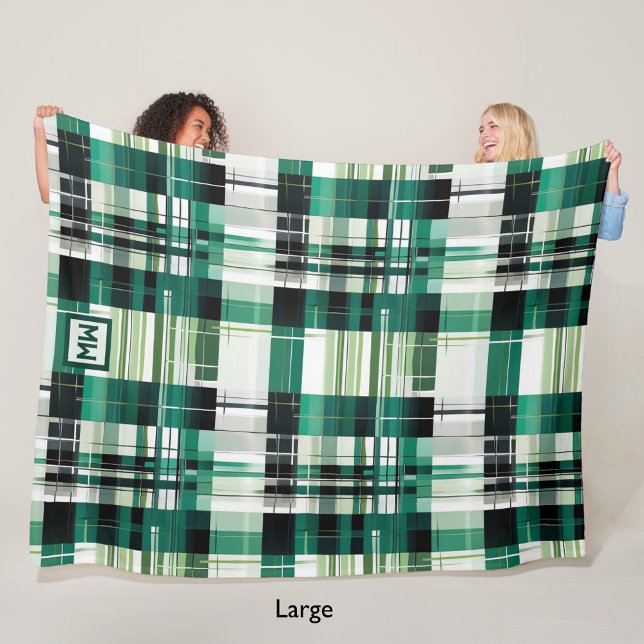 Manta Polar Monograma geométrico de plaid verde moderno (Subido por el creador)