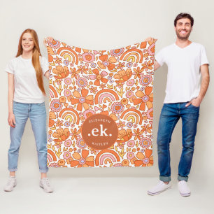 Manta Polar Monograma Groovy Retro Naranja Florals
