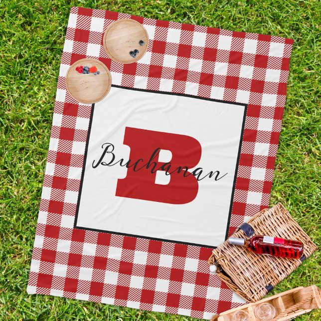 Manta Polar Monograma Nombre clásico rojo picnic (Classic picnic blanket custom monogram initial name red gingham pattern fleece blanket traditional)