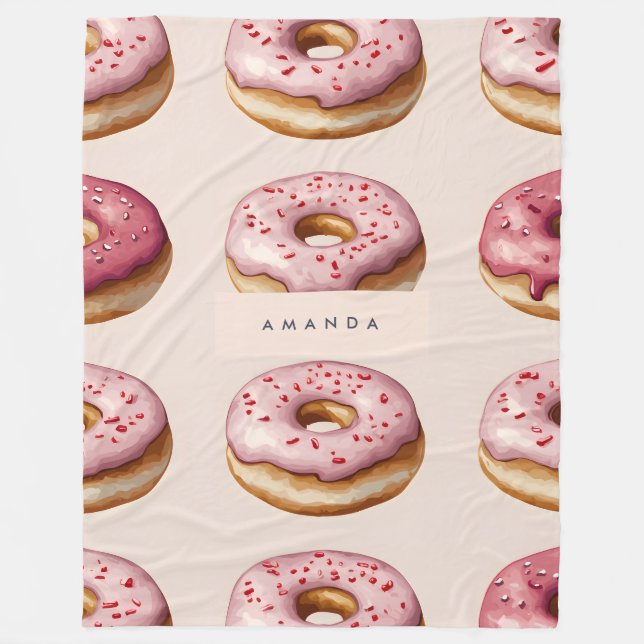 Manta Polar Monograma Patrón de donut rosado personalizado (Anverso)