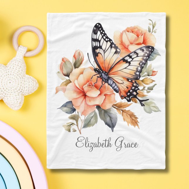 Manta Polar Monograma Peach Floral Mariposa Bebé Niñas (Monogrammed Name Peach Floral Butterfly Baby Blanket)