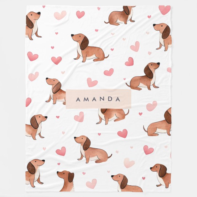 Manta Polar Monograma Perro Cute Dachshund Personalizado (Anverso)