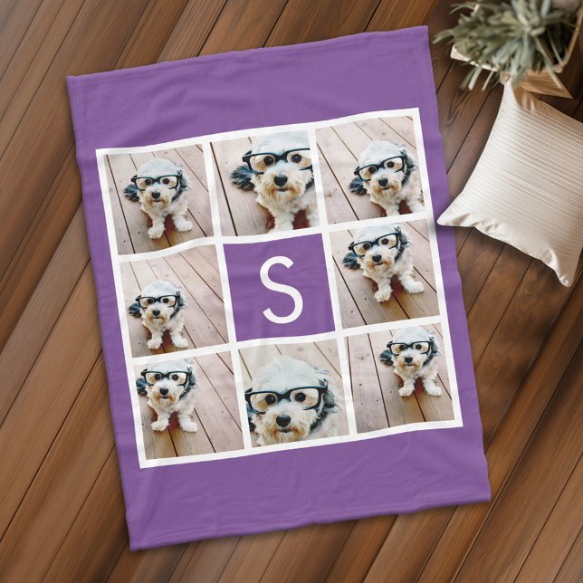 Manta Polar Monograma Personalizado de Collage de fotos morado (Personalized fleece blanket with 8 photos and a monogram)
