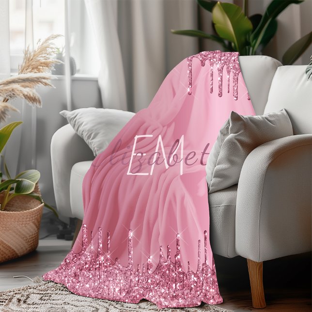 Manta Polar Monograma Purpurina de goteo rosado metálico Girly (Blush Pink Metal Dripping Glitter Monogram Name Fleece Blanket)