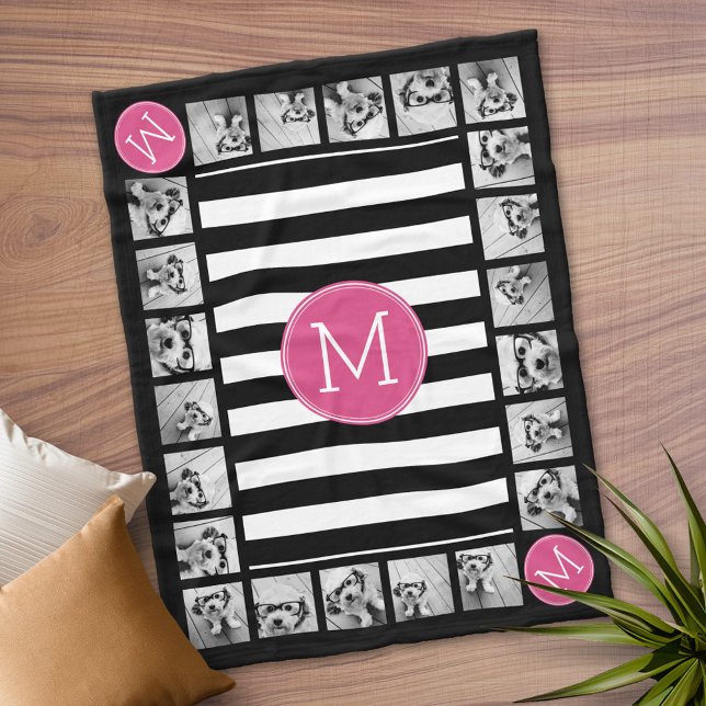 Manta Polar Monograma rosa caliente de pinza blanca y negra (Personalized Fleece Blanket)