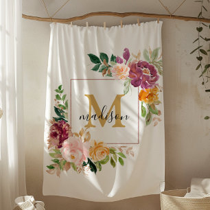 Manta Polar Monograma Rosa de acuarela elegante Botánica flora