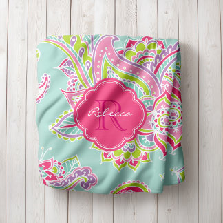 Manta Polar Monogramado de Pink and Mint Boho Paisley