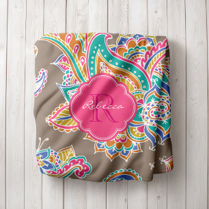 Manta Polar Monogramado de Pink and Mocha Boho Paisley