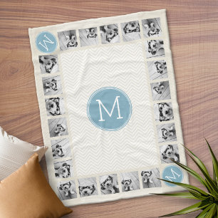 Manta Polar Monogramas blancos Pastel Blue y Linen Chevrons