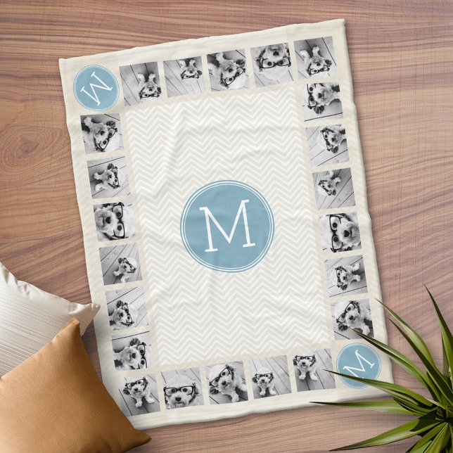 Manta Polar Monogramas blancos Pastel Blue y Linen Chevrons (Personalized Fleece Blanket)