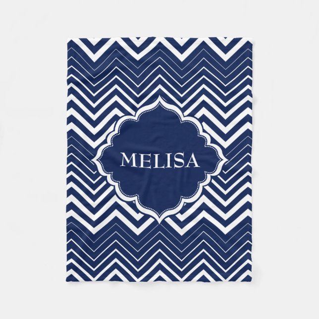 Manta Polar Monogramo Azul Y Zigzag Blanco Chevron (Anverso)