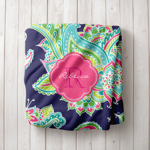 Manta Polar Monogramo de la Marina y el Boho Pink Paisley
