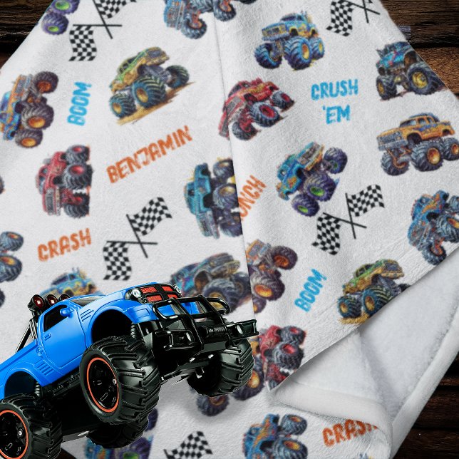 Manta Polar Monster Boom Crunch Crash Crush Nombre de niño (Monster Truck Boom, Crunch, Crash, Crush 'Em Boy's Name Fleece Blanket)