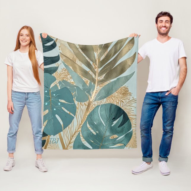 Manta Polar Monstera Botánico Suave Teal Moderno (In situ)