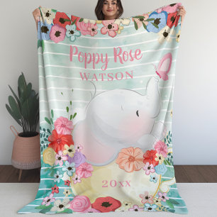 Manta Polar Montura elefante con flores + nombre personalizado