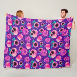 MANTA POLAR MORADO CON CALABAZAS Y GIRASOLES DE COLOR ROSA BRI