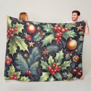 Manta Polar Motivos Navideños de Acuarela Azul Marino y Acebo