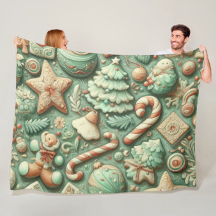 Manta Polar Motivos Navideños en Verde Menta Acuarela Fiesta