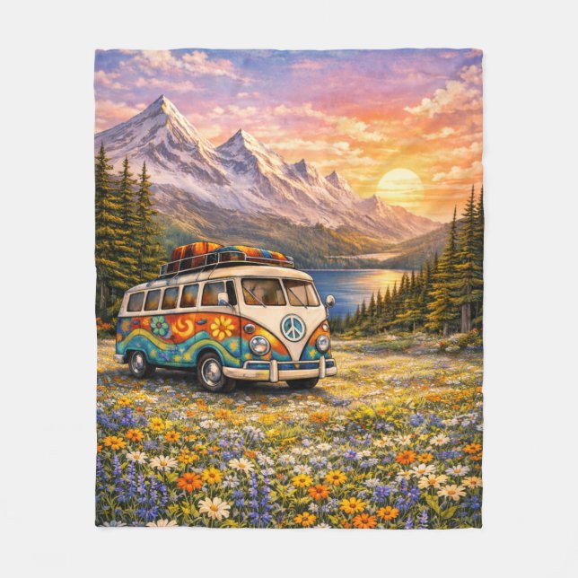 Manta Polar Mountain Sunset Wildflowers Retro Hippie Van Life (Anverso)