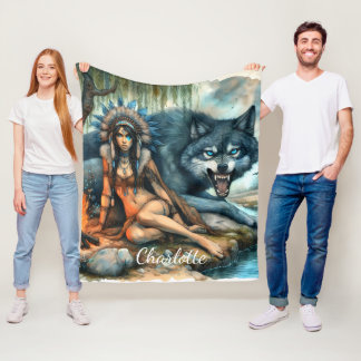 Manta Polar Mujer india y su fuerte amiga lobo