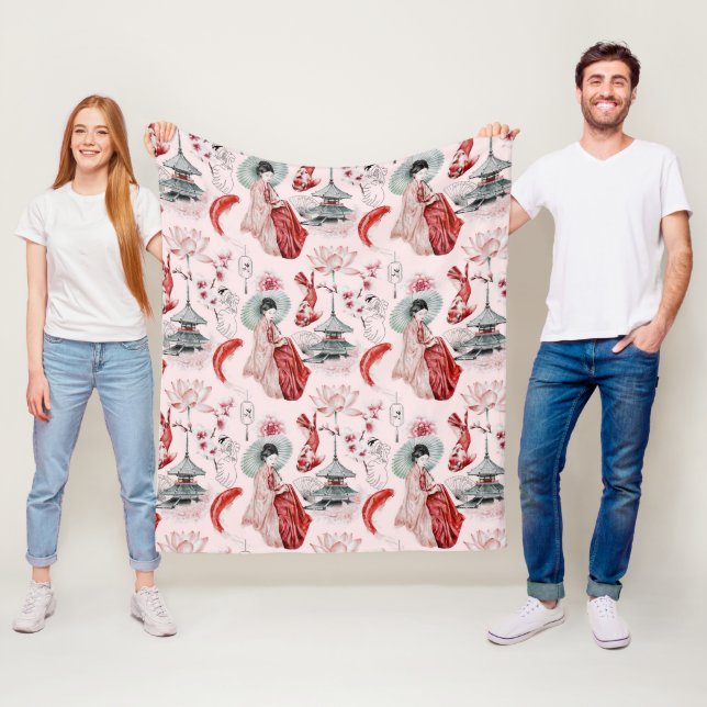 Manta Polar Mujer japonesa acuarela Pagoda Lotus Koi Fish (In situ)