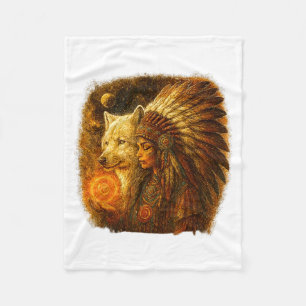 Manta Polar Mujer Nativa Americana India Con Lobo Blanco Vitag