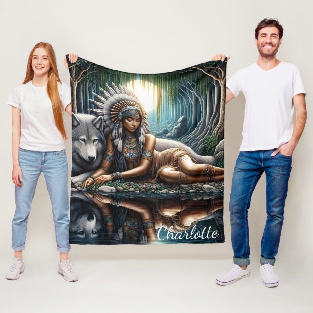 Manta Polar Mujer nativa comparte un momento con el lobo (In situ)