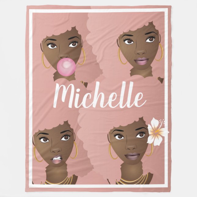 Manta Polar Mujer negra con rosado africano, tu nombre (Anverso)