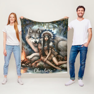 Manta Polar Mujer y lobo indio en el bosque