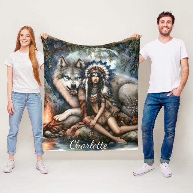 Manta Polar Mujer y lobo indio en el bosque (In situ)