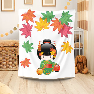 Manta Polar Muñeca Kokeshi de Otoño - Niña Geisha con Kimono V