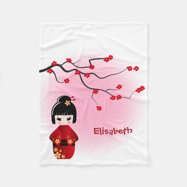 Manta Polar muñeca kokeshi japonesa en flores de sakura (Anverso)