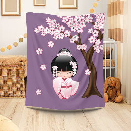 Manta Polar Muñeca Kokeshi Kawaii de Kimono Rosa sobre Fondo P