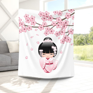Manta Polar Muñeca Kokeshi kimono blanca - Chica Geisha lindo