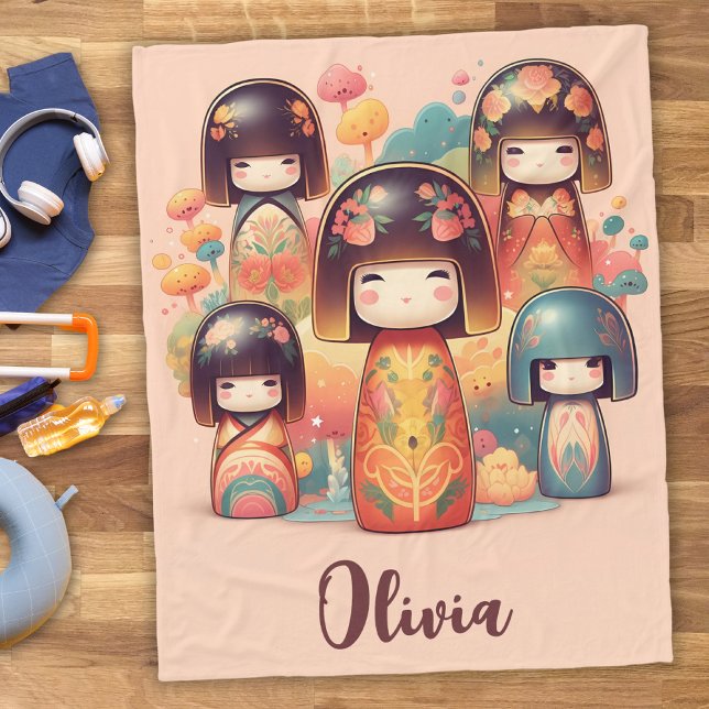 Manta Polar Muñecas Kokeshi Adorables Acuarela Rubor (Subido por el creador)
