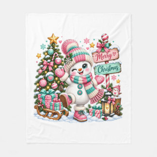Manta Polar Muñeco de Nieve de Navidad Rosa Lindo