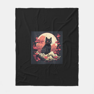 Manta Polar Mystical Sakura Night_ Black Cat con Luna llena