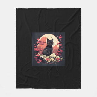 Manta Polar Mystical Sakura Night_ Black Cat con Luna llena