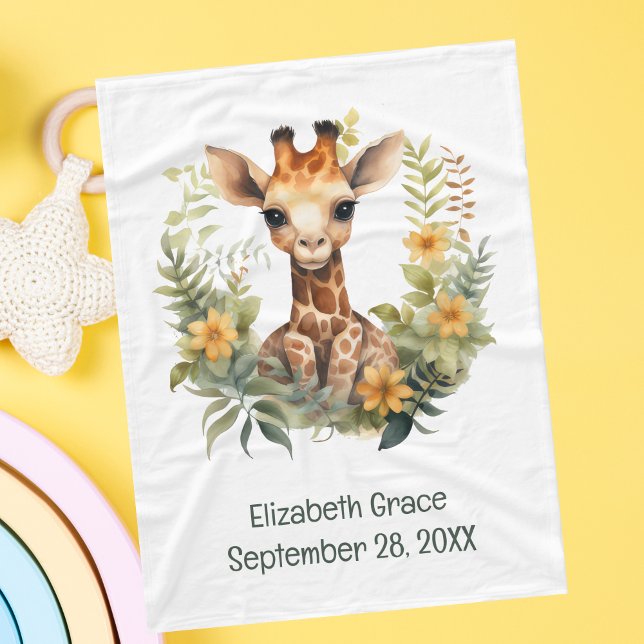 Manta Polar Nacimiento bebé Giraffe Flor de jungla Bebé (Birth Stats Baby Giraffe Baby Blanket. Add babies name and birthday. Baby Shower gift, New baby gift)